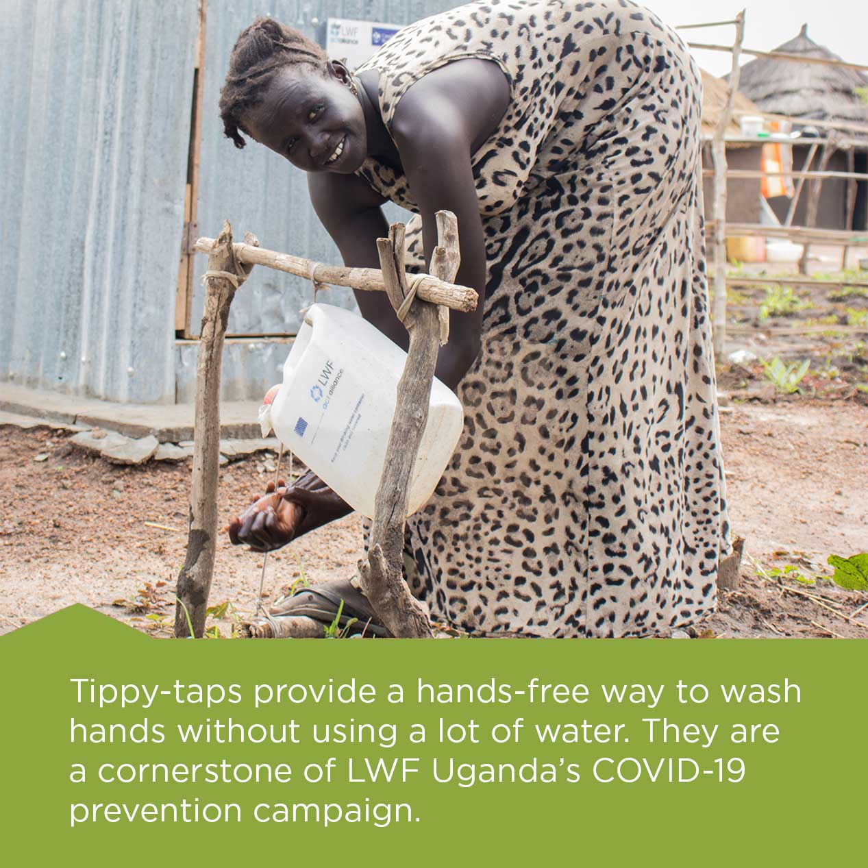 A woman washes her hands using a tippy-tap.