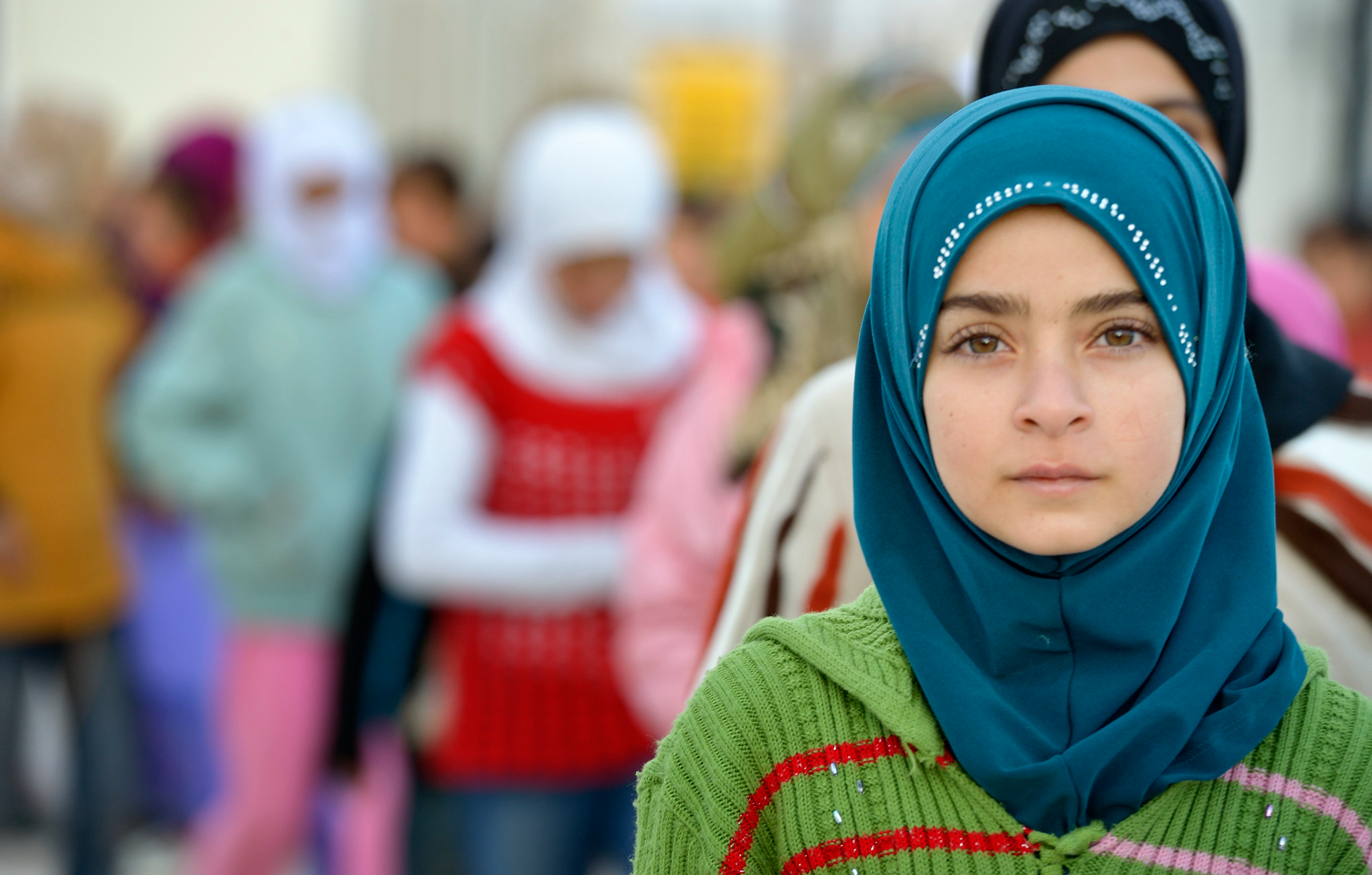 Photo of a girl in line before starting school in the Zaatari Refugee Camp, Jordan