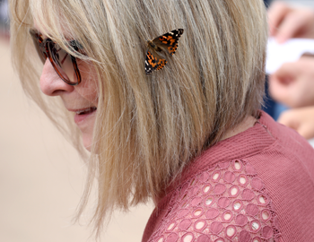 A blonde woman with a monarch butterfly in her hair.