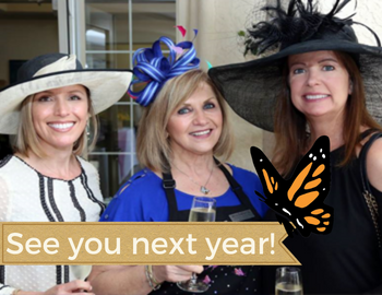 Three smiling women with fancy hats in white, blue and black. Text says "See you next year."