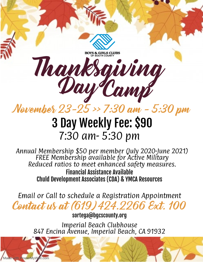 2020 Thanksgiving Day Camp Boys And Girls Club Of South County