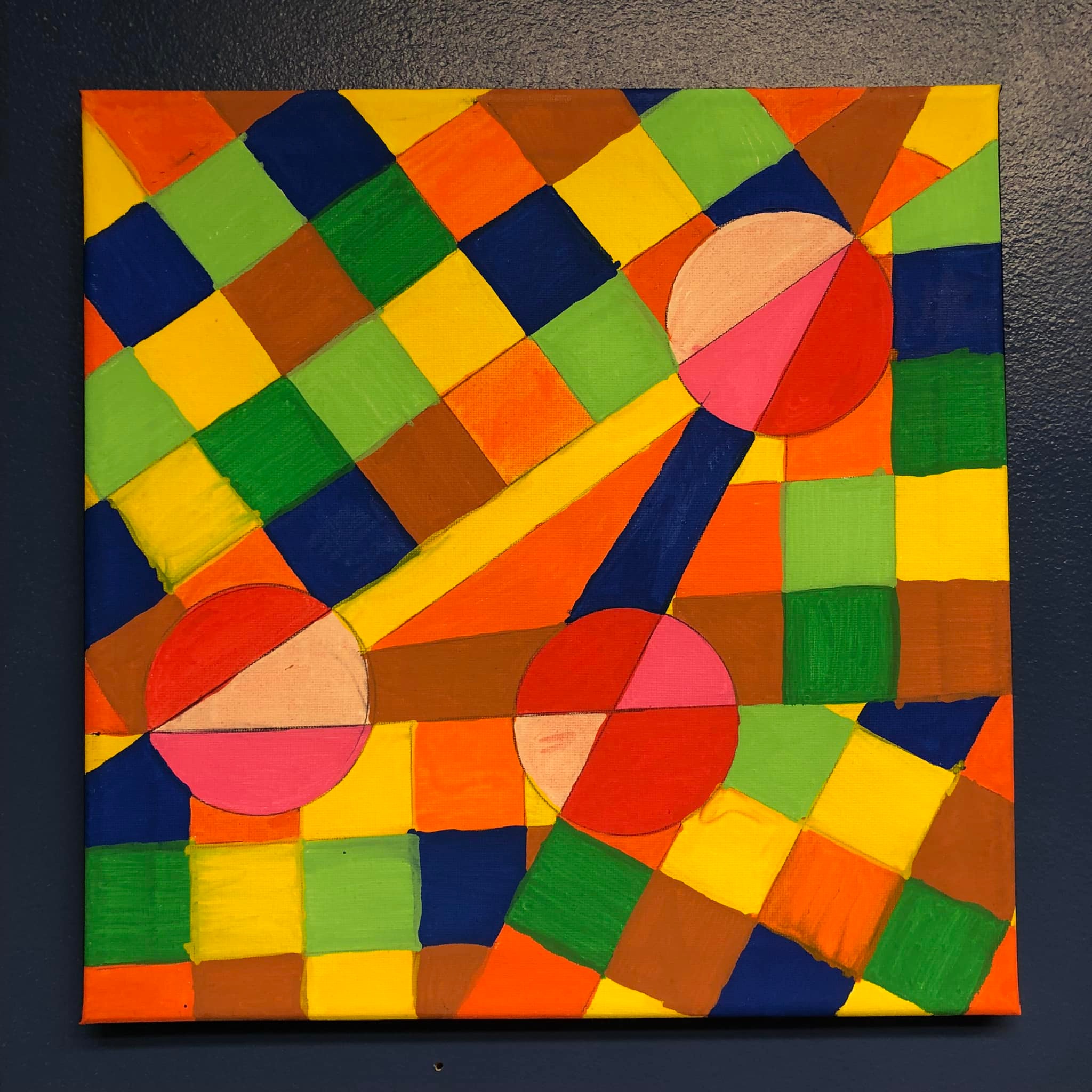 Abstract painting of circles, squares and triangles.