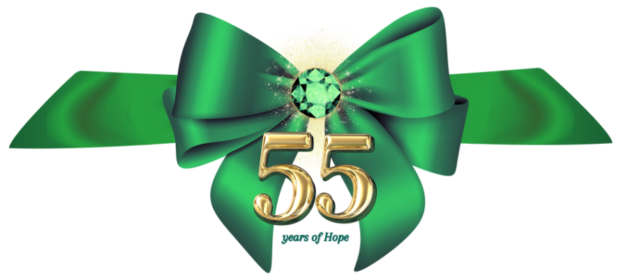 Hope's 55th Anniversary Gala logo - a green ribbon with an emerald stone in the middle, and a gold '55' and green 'years of Hope' below it