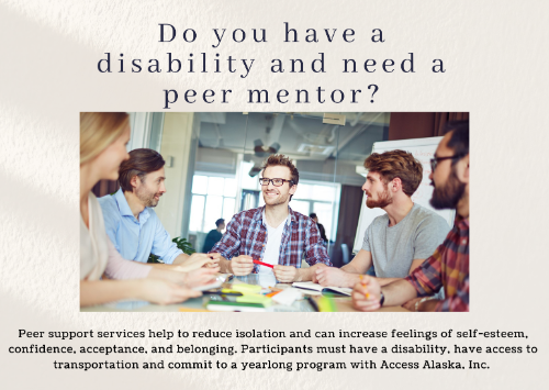 Peer Mentorship Program flyer - a group of male and female adults sit around a table chatting