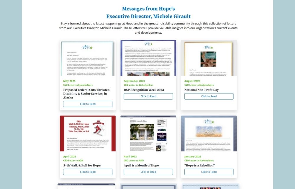A preview of the landing page listing letters and messages from Hope's Executive Director, Michele Girault.