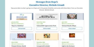 A preview of the landing page listing letters and messages from Hope's Executive Director, Michele Girault.
