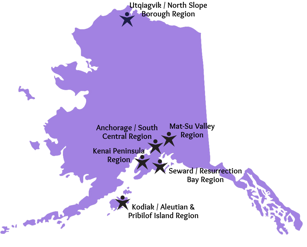 Map of the state of Alaska, showing the seven regions in which Hope operates