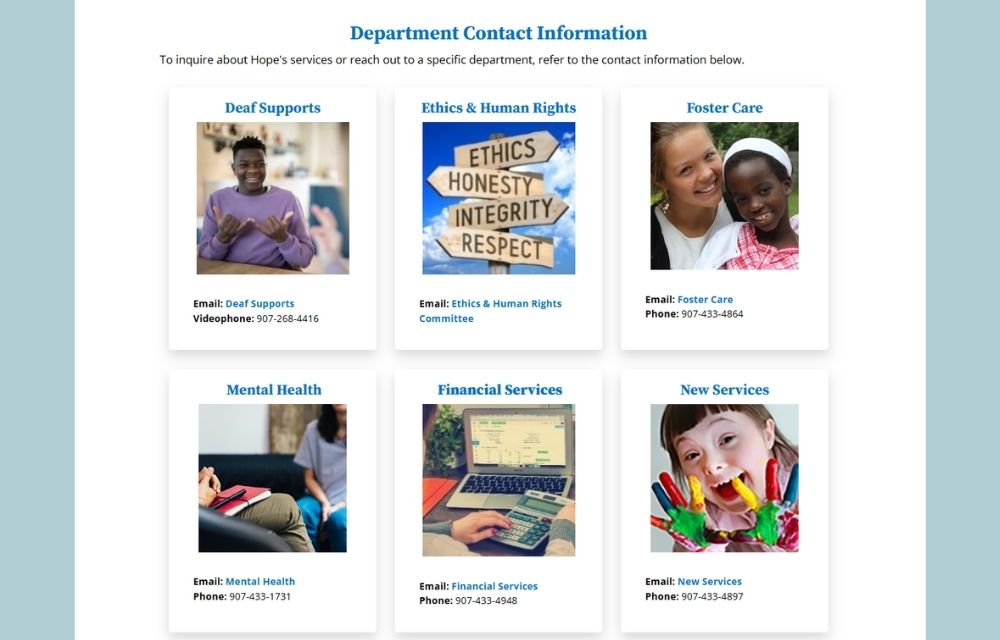 A preview of the landing page listing Hope's departmental contact information.