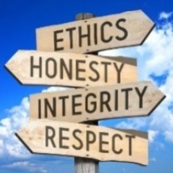 Four street signs that say, "Ethics," "Honesty," "Integrity," and "Respect"