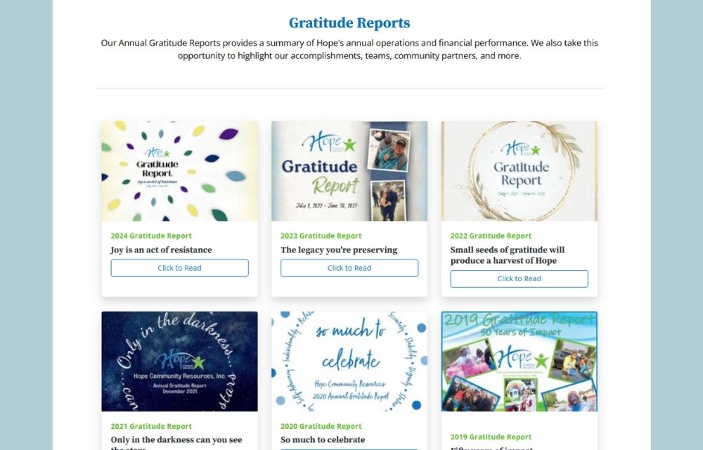 A preview of the landing page listing Hope's annual financial reports.