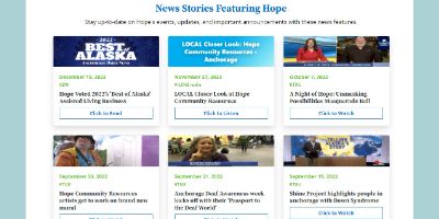 A preview of the landing page listing news articles and videos featuring Hope.