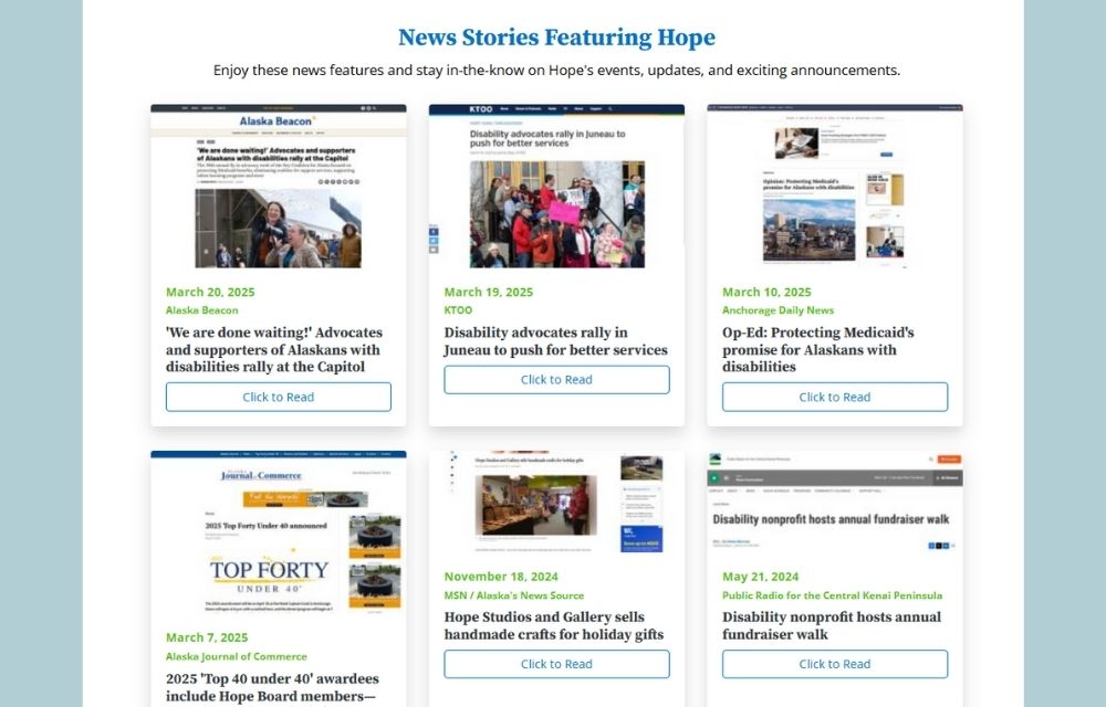 A preview of the landing page listing news articles and videos featuring Hope.