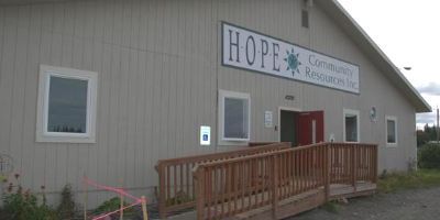 The front of Hope's Kenai Recreation Center with a wheelchair ramp and sign that says 'Hope Community Resources.'