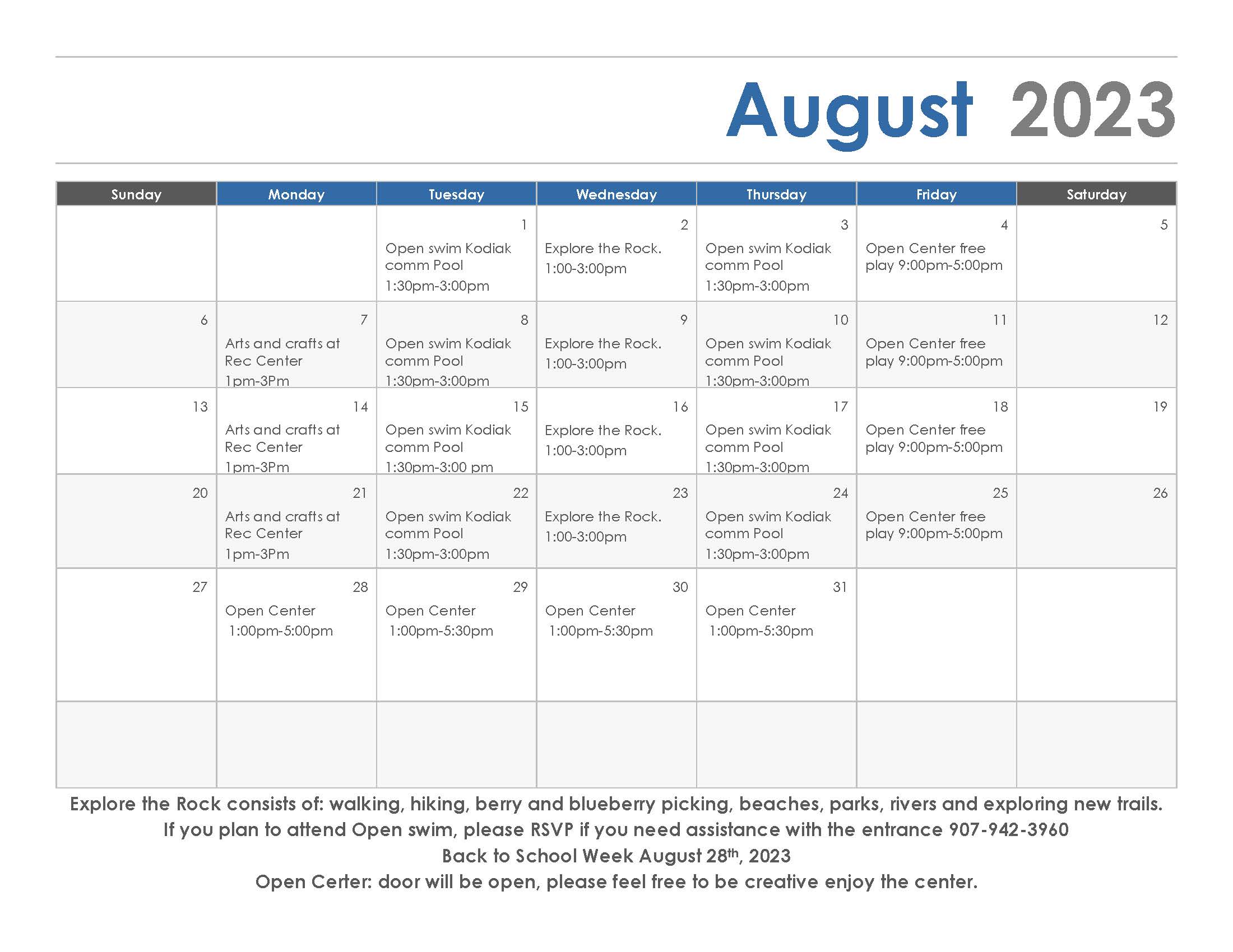 Kodiak Rec Center's Calendar for July 2023.