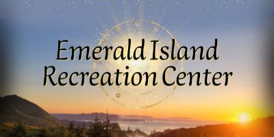 A blue sky and sunset with Hope's 'Emerald Island Recreation Center' logo in the center.