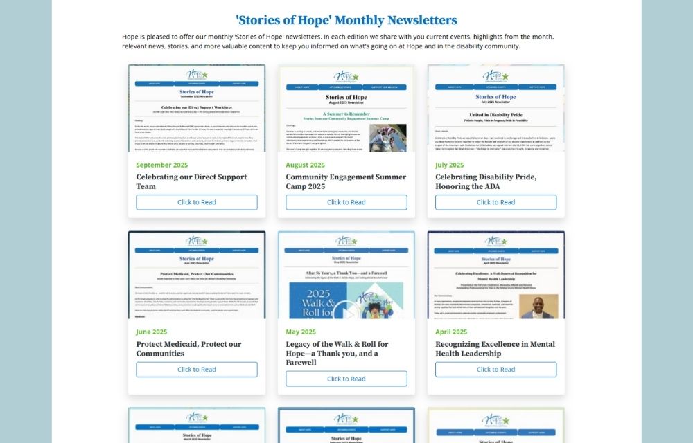 A preview of the landing page listing letters and messages from Hope's Executive Director, Michele Girault.