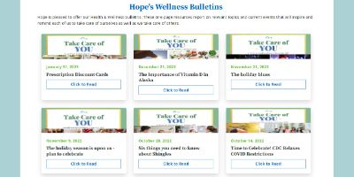 A preview of the landing page listing Hope's newsletters and bulletins for the benefit of community members.