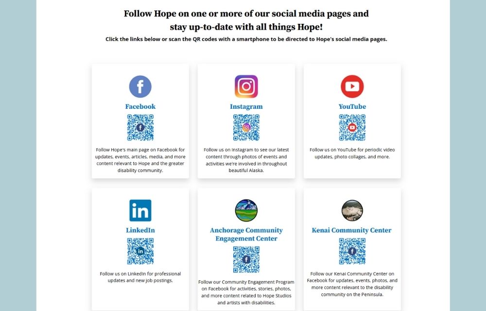 A preview of the landing page listing Hope's social media pages, including Facebook, Instagram, YouTube, LinkedIn, and more.