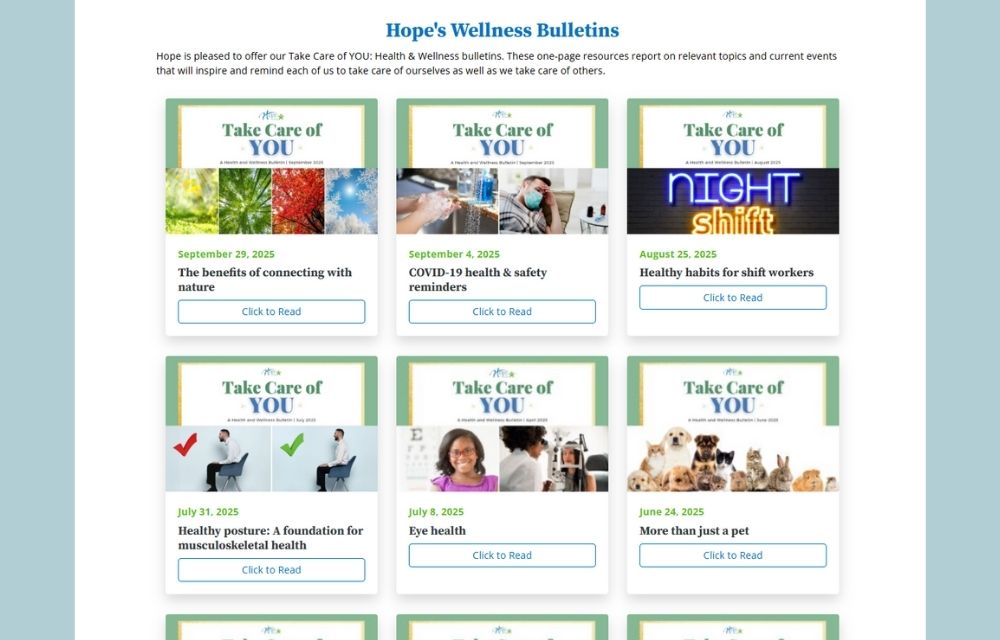 A preview of the landing page listing Hope's newsletters and bulletins for the benefit of community members.