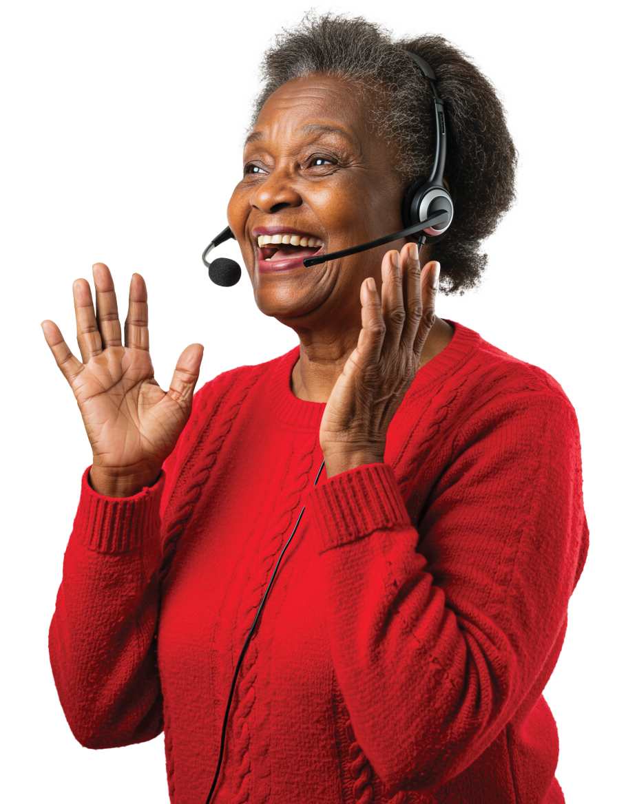 Prayer partner celebrating and wearing a headset