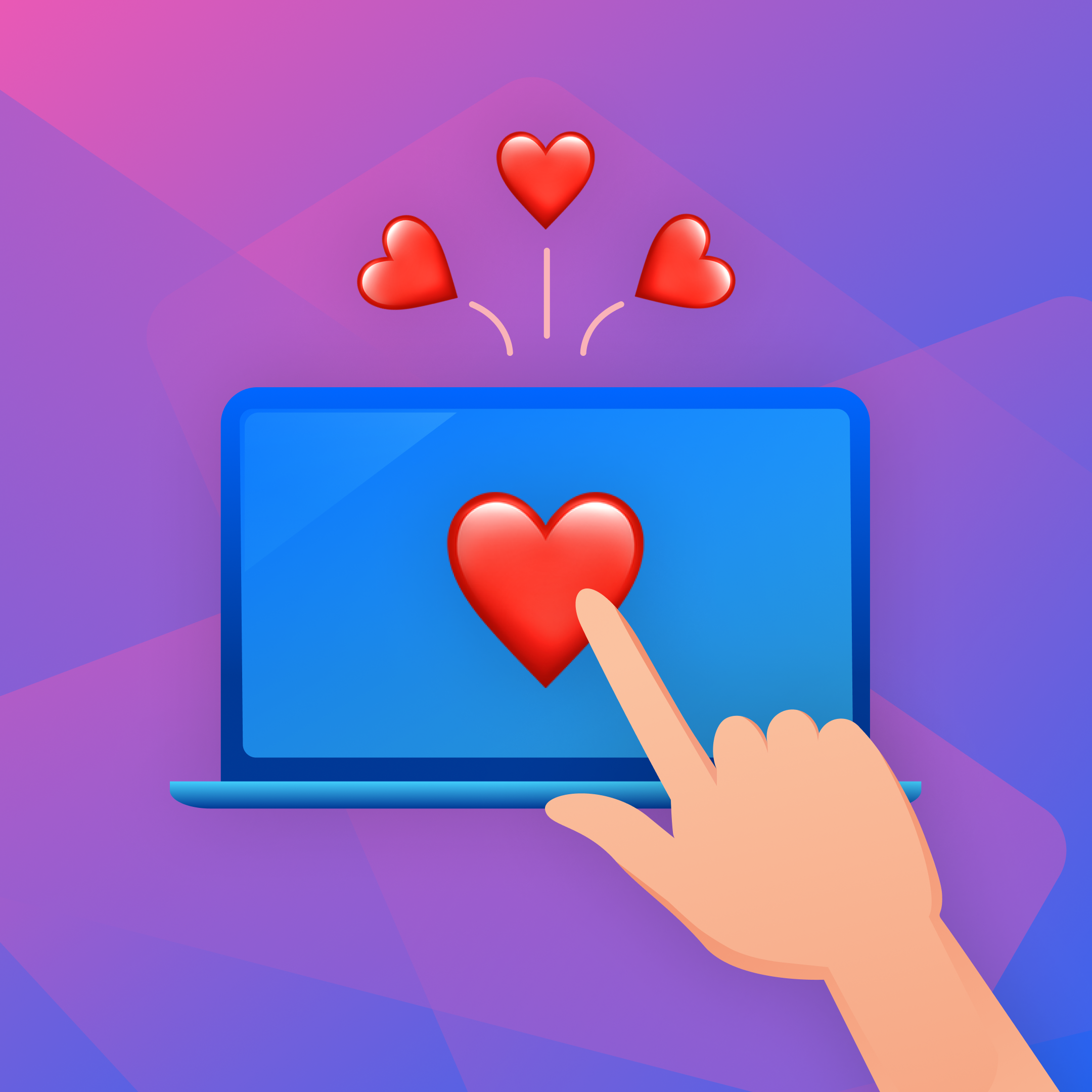 A colourful graphic of a laptop with a red heart in the center on the screen and a hand pointing at it