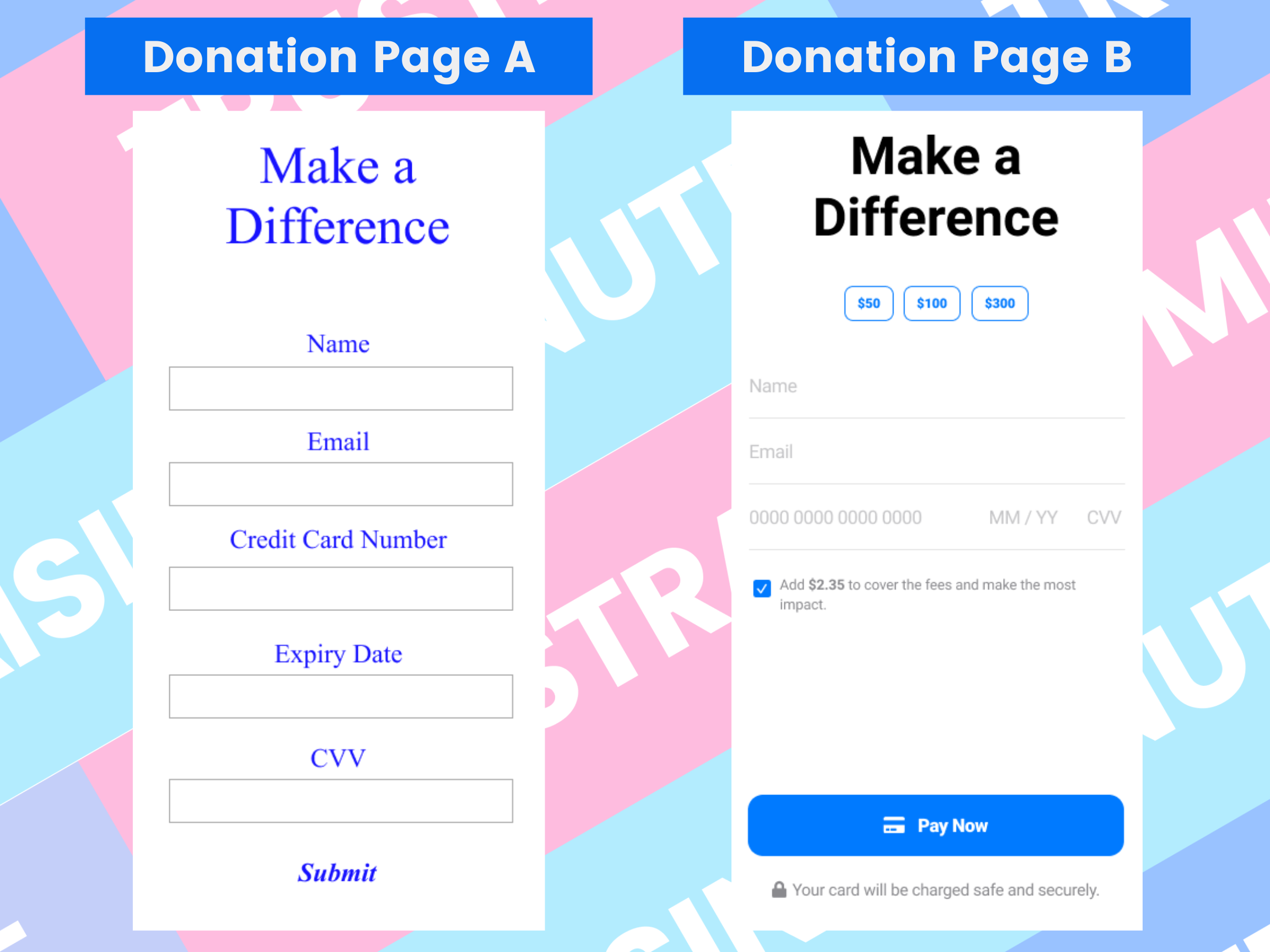 Comparing two donation pages to see which builds more trust with supporters.