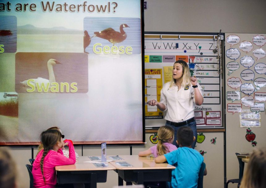 California Waterfowl Education Coordinator Molly Maupin teaches school children about waterfowl.