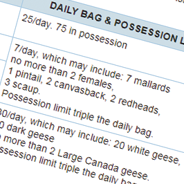 Screenshot of waterfowl hunting daily bag and possession limits