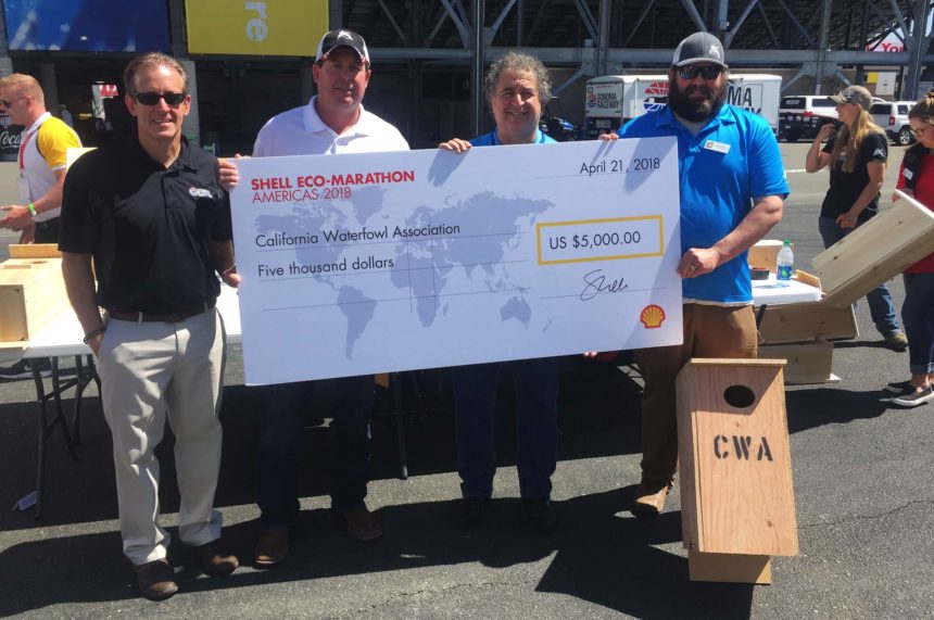 L-R: Randall Brown, director of sponsorship sales at Sonoma Raceway and former California Waterfowl board member; Darren Solaro, CWA field operations representative; Thomas Rizzo, Shell Martinez General Manager; and Brian Huber, CWA waterfowl biologist.