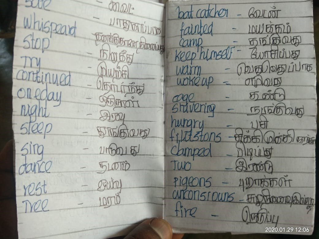 The inside of an English+ notebook. It includes English terms in the left column with translations in Tamil on the right