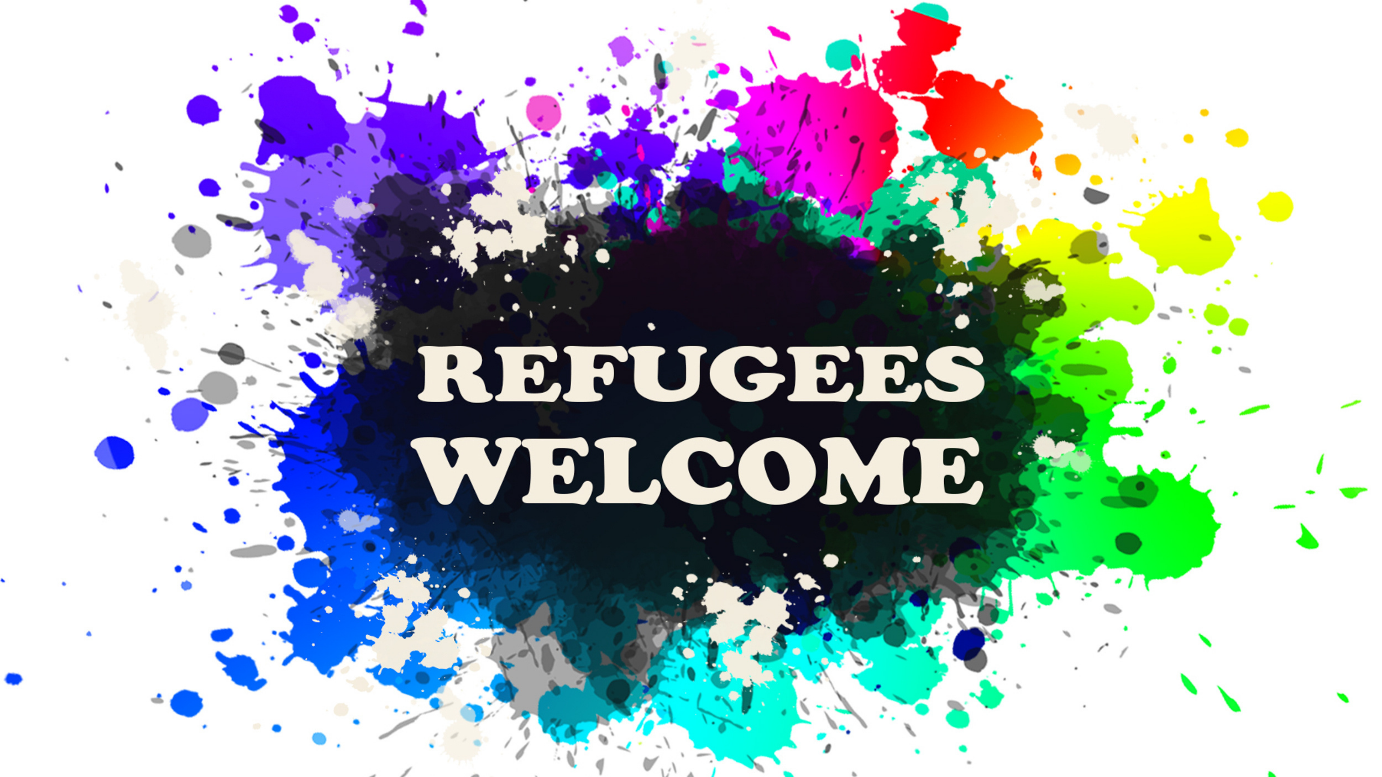 Multiple colours of splattered paint with the words "refugees welcome"