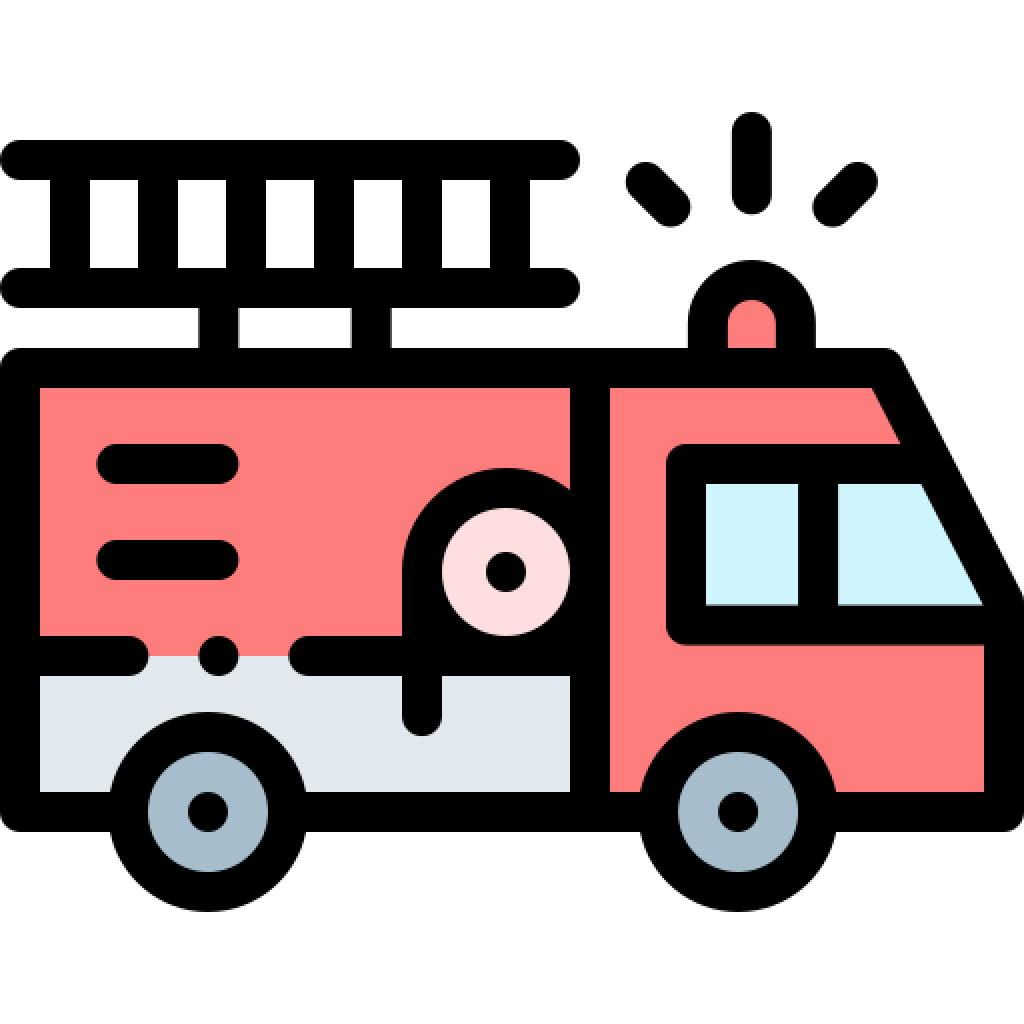 An animated graphic of a peach colored toy firetruck