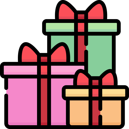 An animated graphic of three colorful presents all wrapped with red bows