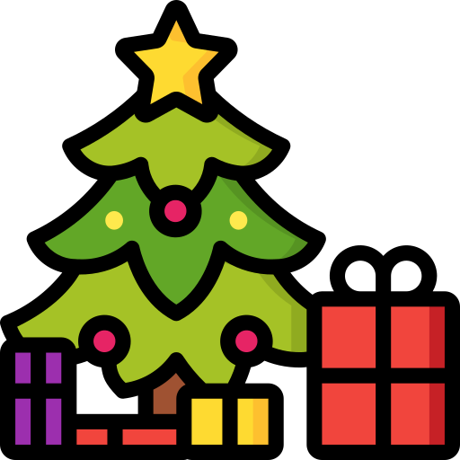 An animated graphic of colorfully wrapped presents under a Christmas tree