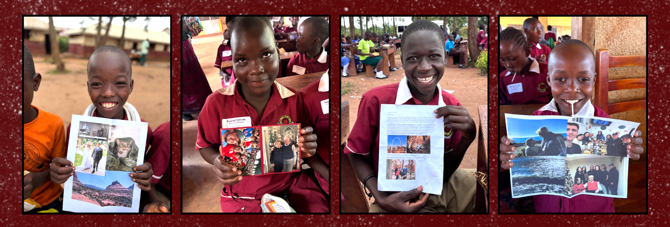 students holding photos and letters from their sponsors
