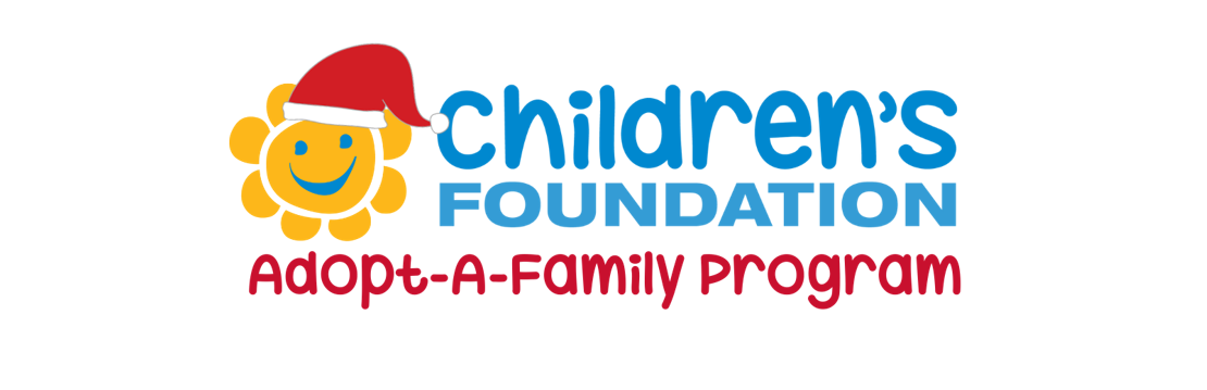 Yellow sunshine smile logo with blue face wearing a red and white holiday hat. With blue and red text saying Children's Foundation Adopt-A-Family Program