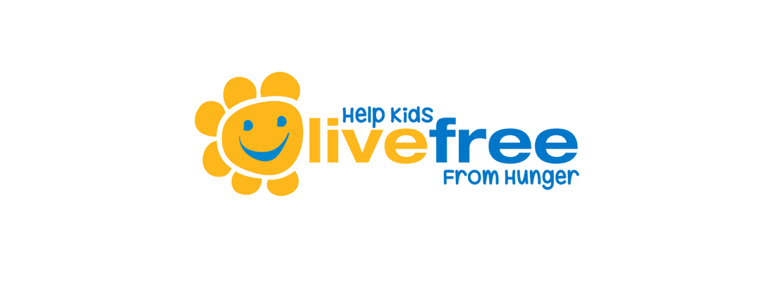 Children's foundation sun with a blue smile with blue and yellow text saying help kids live free from hunger. 
