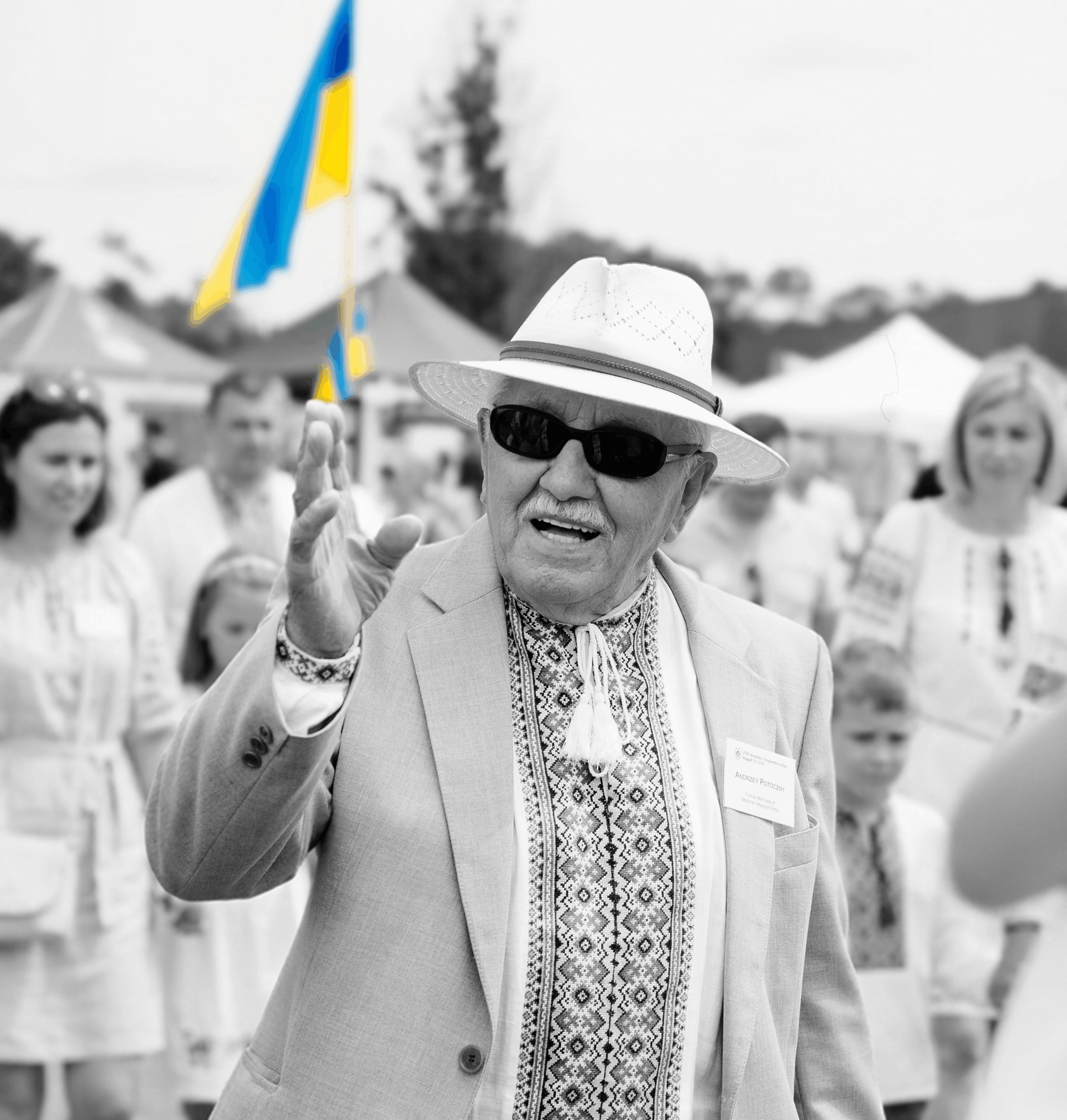 Andrij Potoczny wearing a traditional Ukrainian embroidered shirt