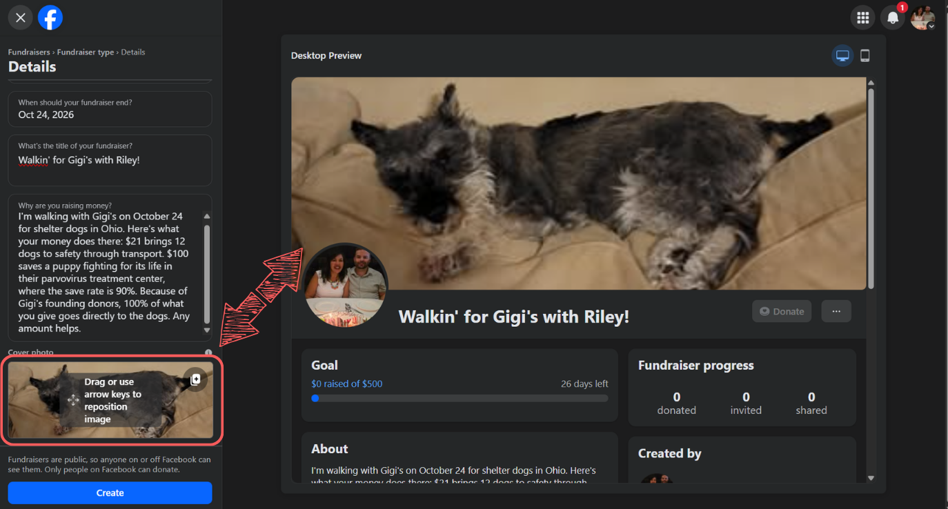 Facebook screen showing the cover photo upload