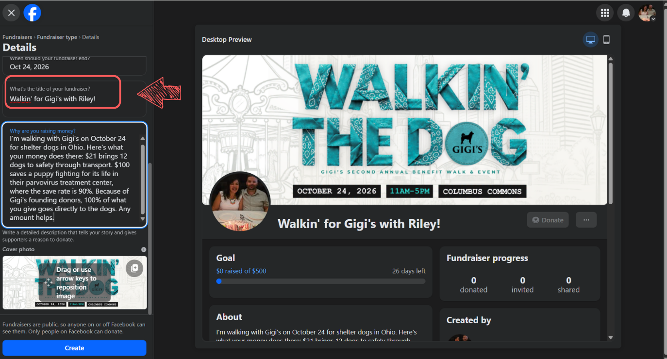 Facebook screen showing the pre-filled story text that needs replacing