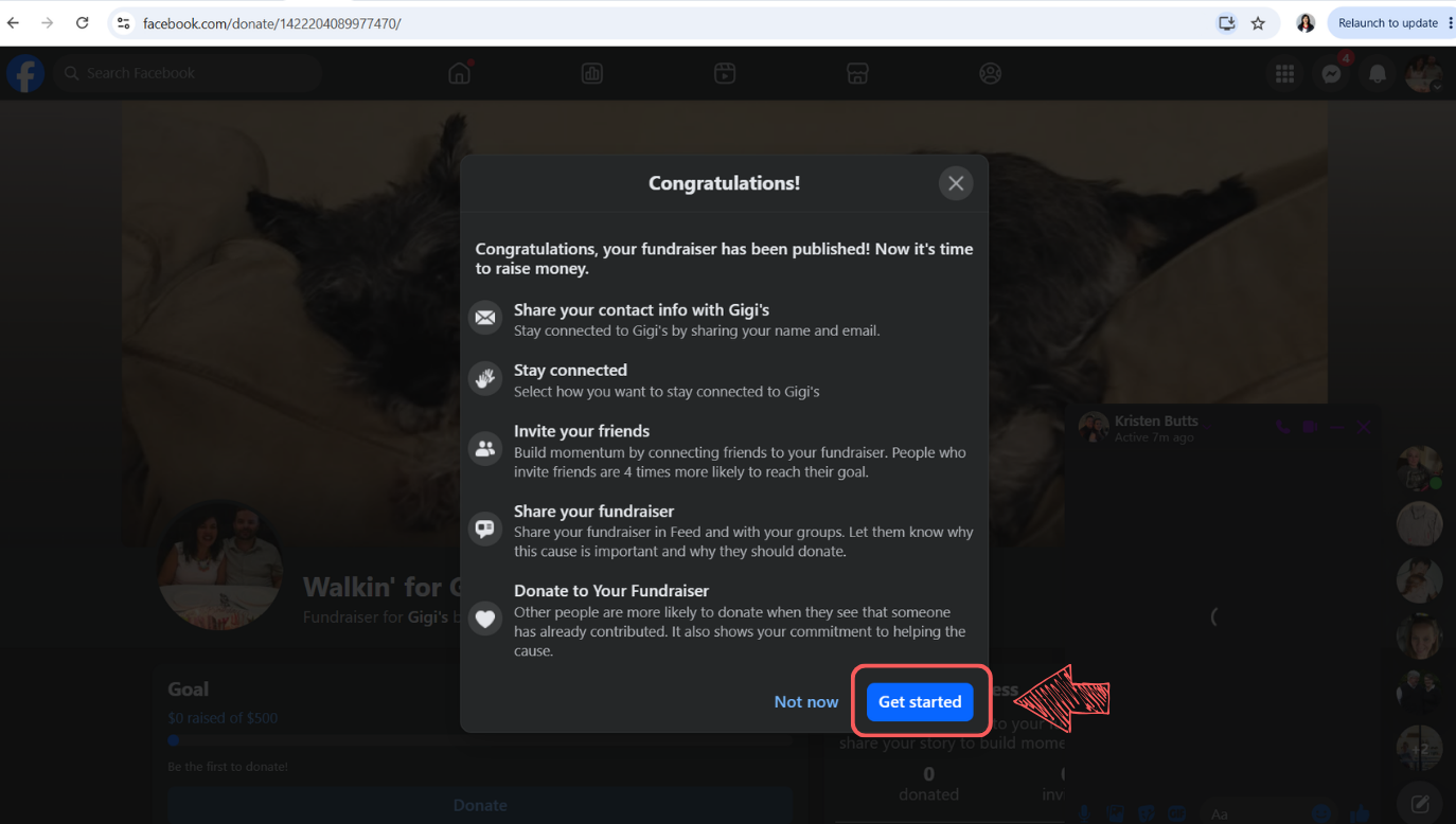 Facebook's confirmation screen with options to invite friends and share the fundraiser