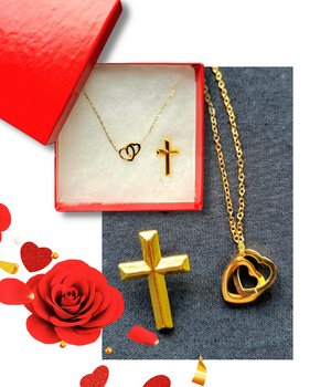 Intertwined Hearts Necklace and Cross Lapel Pin Set