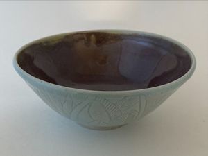 Ice blue carved Bowl with Plum interior