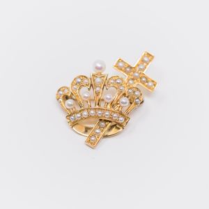 Cross and Crown Pin with Seed Pearls