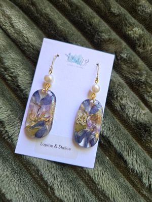 Oval Capsule Drop Lupine & Statice Earrings