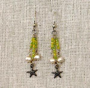 Sterling Silver, Glass beads, and Freshwater Pearl Earrings with Starfish Charms