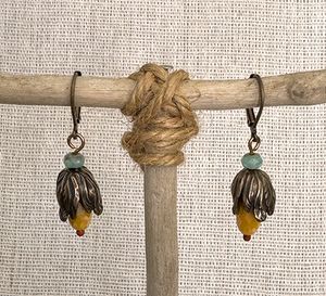 Brass Flower Orange Bead Earrings