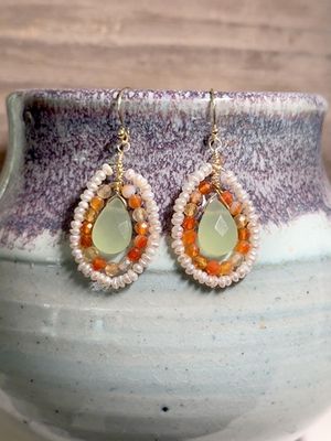 Orange, Seafoam & Freshwater Pearl Earrings