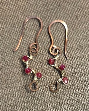 Hammered Copper and Red Crystal Earrings