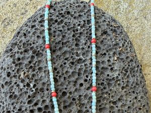 Coral & African Beaded Larimar & Sterling Necklace